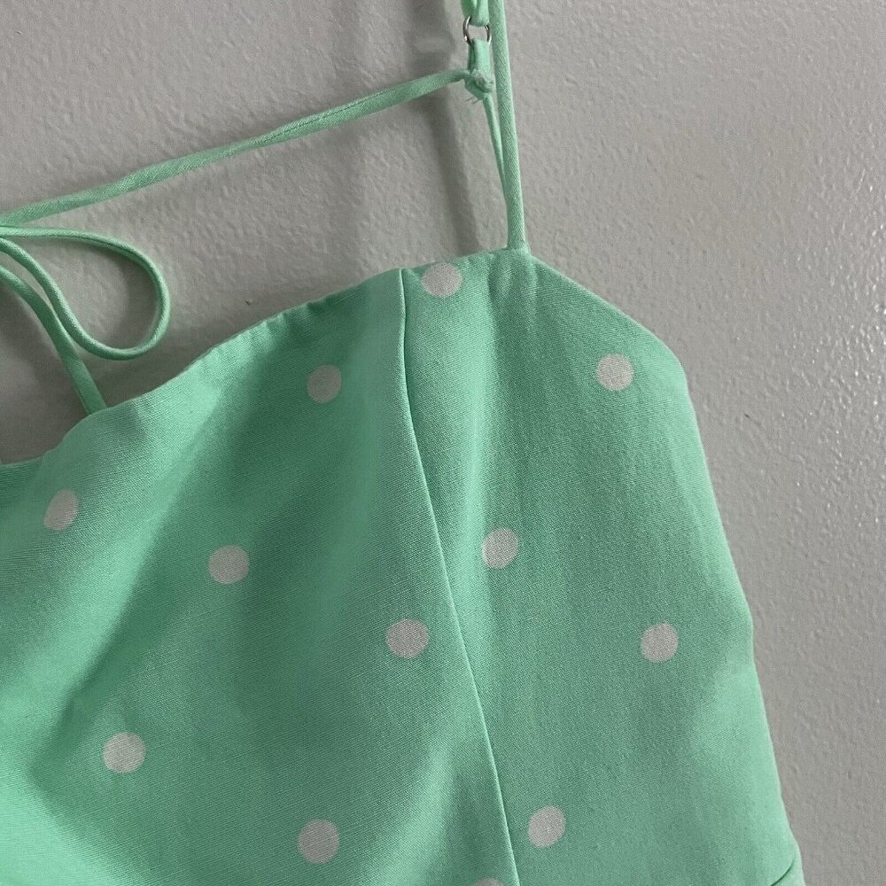 Zara XL Green Polka Dot Linen Blend Square Neck Strappy Tie Back Mini Dress NWT - Picture 5 of 11